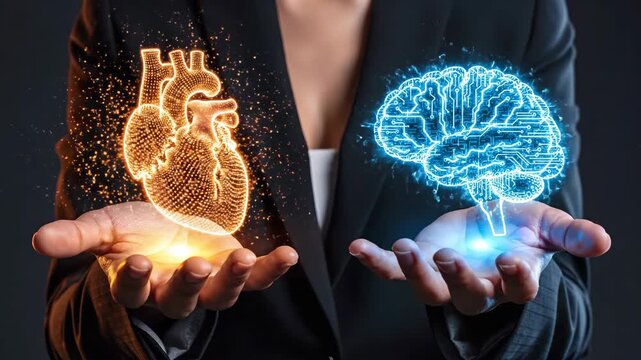 Woman holding glowing orange heart transitioning to blue brain. Symbolic balance between emotion and logic in decision making. Conceptual representation of mind and heart harmony.