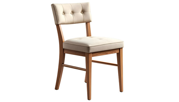 A single, wooden-framed chair with light fabric seat and back, against a black background