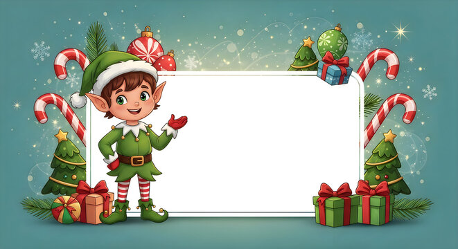 Christmas elf border with trees candy canes and gifts holiday card template for festive season