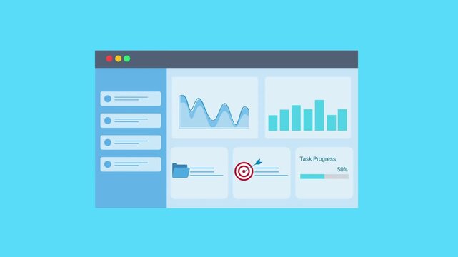 Animated data analytics dashboard interface with charts, graphs, and target indicator icon. Flat vector motion design representing goal tracking, monitoring, and business analytics panel.