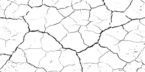 Cracked, parched earth texture in black and white with bold fissures and dry, fragmented patterns—ideal for desert, drought, or climate crisis visuals in design, illustration, or concept art.  © Afridi