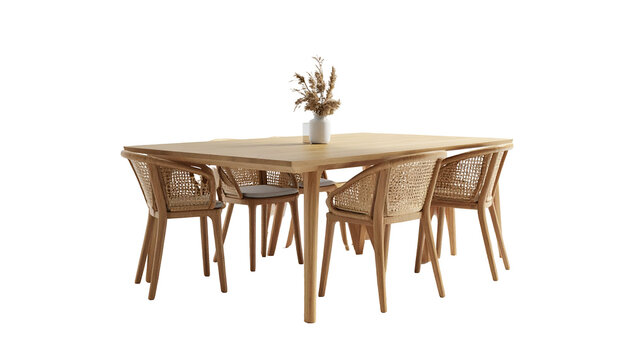 Wooden dining set with four rattan chairs and vase of dried flowers on a neutral surface
