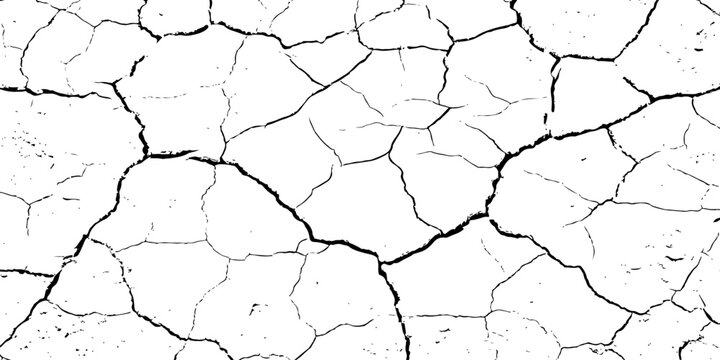 Cracked, parched earth texture in black and white with bold fissures and dry, fragmented patterns&mdash;ideal for desert, drought, or climate crisis visuals in design, illustration, or concept art.	