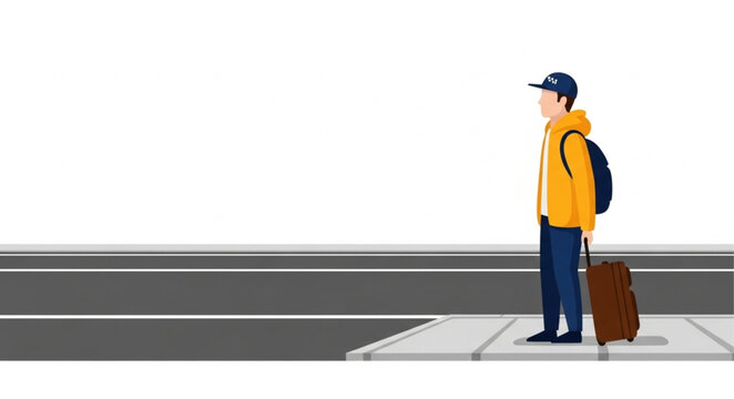 Man with luggage on sidewalk.