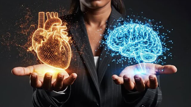 Woman holding glowing orange heart and blue brain. Emotional intelligence balance concept with digital mind and emotion harmony