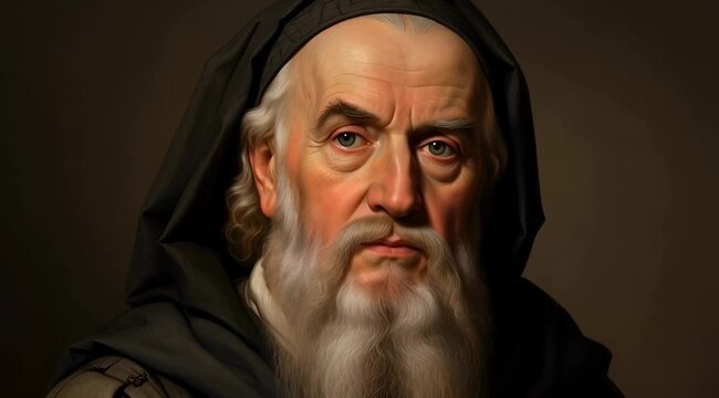 Classical Portrait Painting of Democritus with Dark Background Copy Space