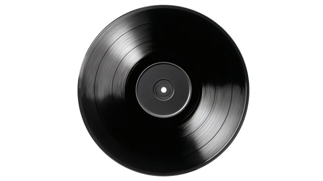 Vinyl record with black disc and center label, isolated on a white background