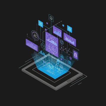 Isometric illustration of a tablet displaying a futuristic user interface with data visualizations.