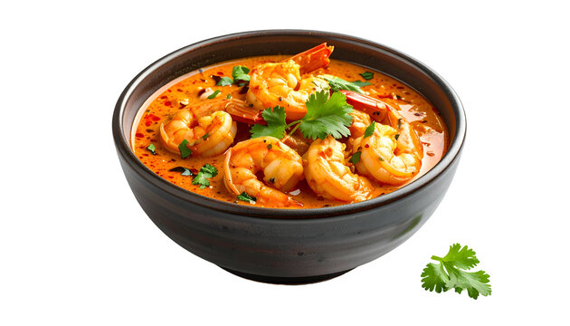 Vibrant bowl of shrimp curry, garnished with cilantro, on a dark background