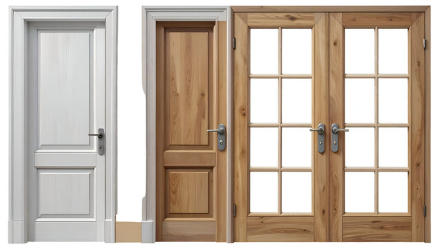 Three diverse interior doors white, wooden, and glass-paneled options