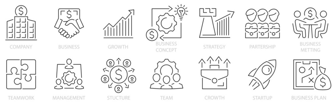 Business icon set. Teamwork. Company. Strategy. Management. Startup. Meeting. Partnership. Growth. Editable stroke. Vector illustration