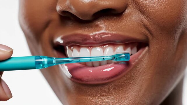 African American woman brushing teeth with electric toothbrush in close-up sequence. Oral hygiene routine demonstrating clean smile and healthy dental care concept.