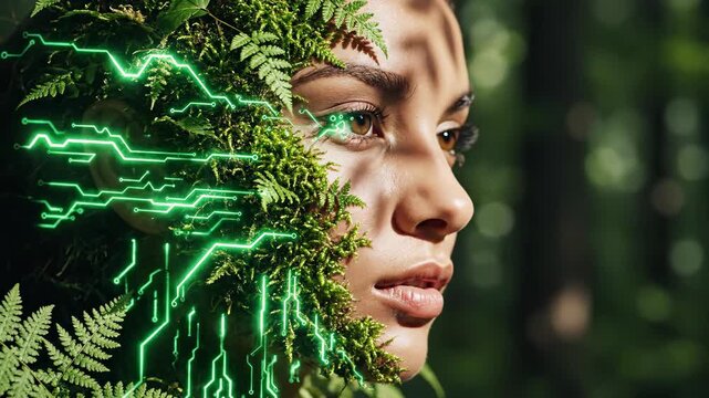 Woman with glowing green moss and digital data entwining her face in forest. Nature technology fusion. Cyber organic transformation and symbiotic beauty concept.