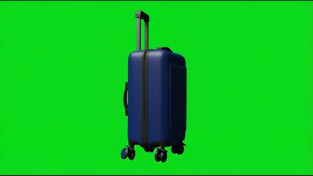 Isolated dark blue hardshell travel suitcase with extended handle on green screen background