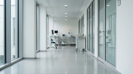 A long brightly lit sterile hospital corridor with medical equipment parked along the side walls © Sheplob