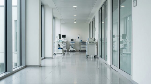 A long brightly lit sterile hospital corridor with medical equipment parked along the side walls