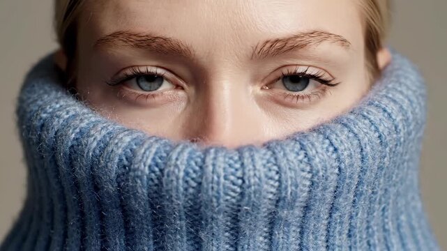 Woman hiding face in cozy blue sweater. Shy eyes peeking out gradually. Emotional reveal from concealment in warm knitwear fashion concept.