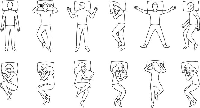 Sleeping people poses line art collection, men and women sleeping positions illustration set, bedtime lifestyle vector design