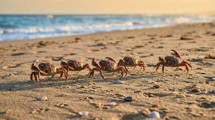 A group of crabs walking across the wet sandy beach during a calm and peaceful sunset evening © Sheplob