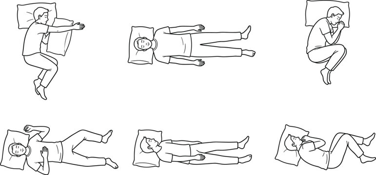 Sleeping positions line art illustration set, man sleeping poses with pillow bed rest posture vector collection