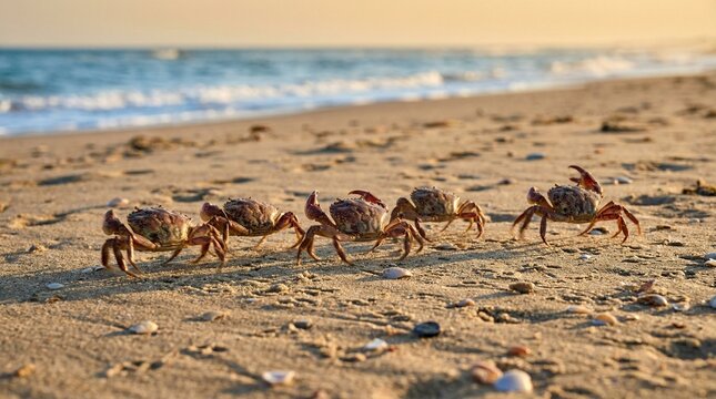 A group of crabs walking across the wet sandy beach during a calm and peaceful sunset evening