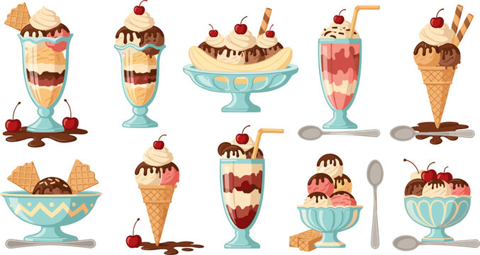 Ice Cream Sundae and Dessert Vector Collection with Banana Split, Milkshake, Waffle Cone, Cherry Topping and Chocolate Syrup Sweet Treat Illustrations