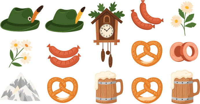 Traditional German Oktoberfest Icon Set with Bavarian Hat, Pretzel, Beer Mug, Sausage, Cuckoo Clock, Alpine Mountains and Edelweiss Flower Vector Collection