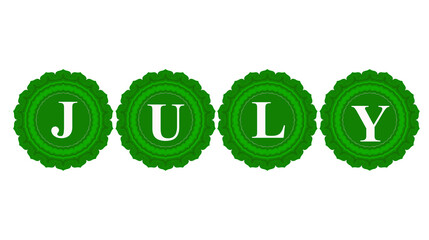 Luxury Green Ornamental Seal Badge Letters JULY, Elegant Vintage Rosette Label with White Typography, Premium Summer Promotion Badge for Seasonal Sale Marketing Isolated on Transparent Background