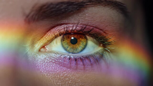 Womans close-up eye reflecting rainbow light spectrum. Prism colors illuminating hazel iris. Artistic vision and refraction concept exploring beauty and emotion.