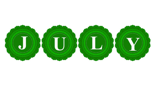 Luxury Green Ornamental Seal Badge Letters JULY, Elegant Vintage Rosette Label with White Typography, Premium Summer Promotion Badge for Seasonal Sale Marketing Isolated on Transparent Background