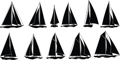 Sailboat silhouettes collection, classic sailing yachts and boats with sails on sea, nautical marine transport icons isolated for travel design © Sarmin Creatives