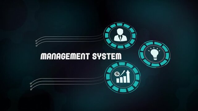 Professional management system and corporate organizational strategy concept with digital motion graphics. Strategic business administration icons and workflow efficiency visualization.
