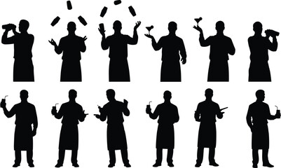 Bartender silhouettes collection, professional barman mixing cocktails, shaking shaker and juggling bottles, bar service characters isolated for beverage design