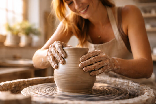 Woman crafting pottery on a spinning wheel in studio
