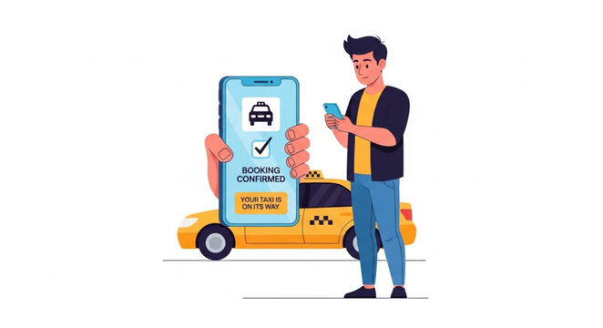 Man with smartphone and taxi.