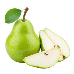 A green pear with slices next to it isolated on transparent background