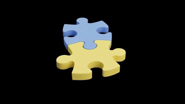 Blue and yellow interlocking puzzle pieces on black background, symbolizing connection, solution, unity, or autism awareness