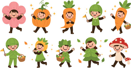 Obraz premium Cute children wearing plant and vegetable costumes including carrot, pumpkin, flower and mushroom playful cartoon kids vector illustration set