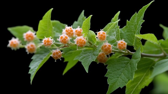 Salmonberry branch spiky fruit dark backdrop