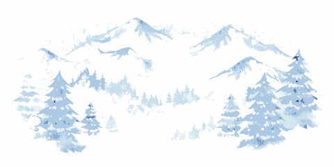 Fototapeta premium Watercolor painting of snow covered mountains and evergreen trees