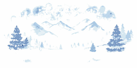 Watercolor painting of snow covered mountains and coniferous trees © Savankar