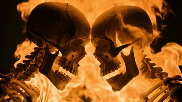 Two burning human skull facing each other bright fire flame dark void romantic tragedy death endless love passion dramatic horror motion background