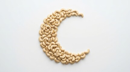 A creative arrangement of cashews forms a crescent moon shape on a white background.