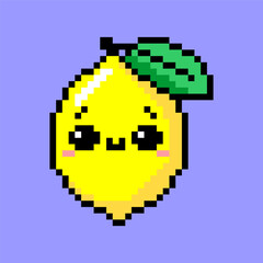 Fototapeta premium Cute Lemon Fruit Character Pixel Art Icon, Kawaii Citrus Mascot Retro 8 Bit Illustration