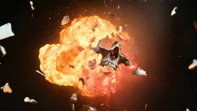 Exploding burning human skull bright fire flame flying bone shard piece dark background extreme slow motion destruction horror dynamic action loop