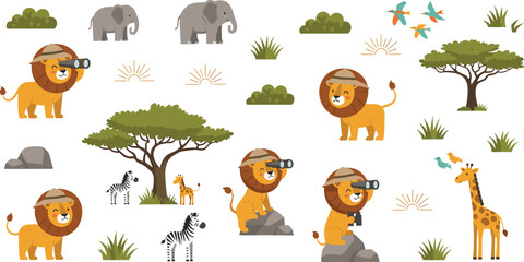 Cute safari lion explorer cartoon set lion character with binoculars wildlife adventure african animals savanna vector illustration collection © MdNipon