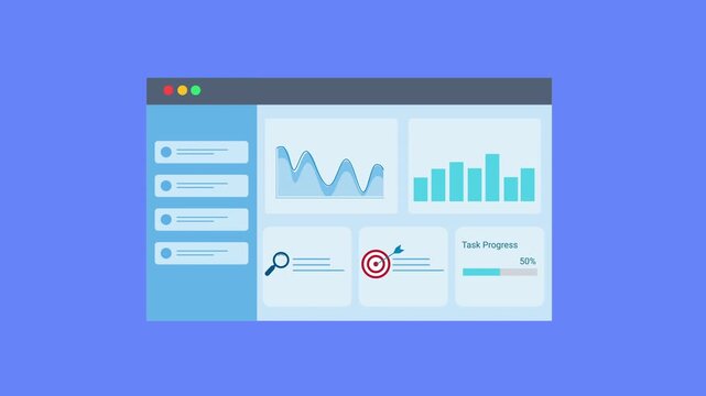 Animated data analytics dashboard interface with charts, graphs, search icon, and target indicator. Flat vector motion design representing data exploration, goal tracking, and business analytics panel