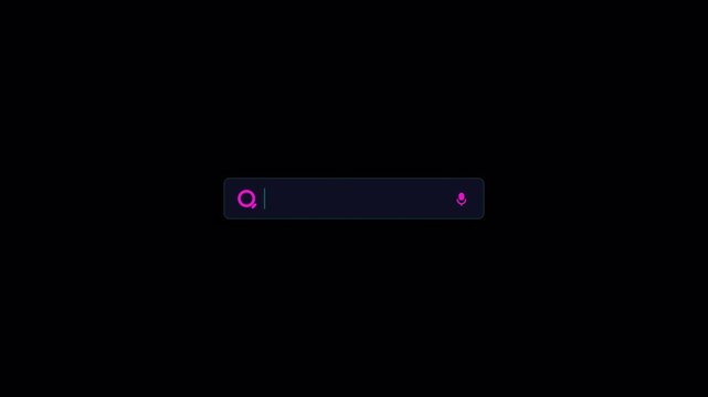 Dark search bar interface with vibrant purple magnifying glass and blinking cursor 4K UHD