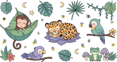 Cute jungle animals sleeping monkey leopard parrot bird frog with tropical leaves stars moon cartoon vector illustration set © Sumon Creative