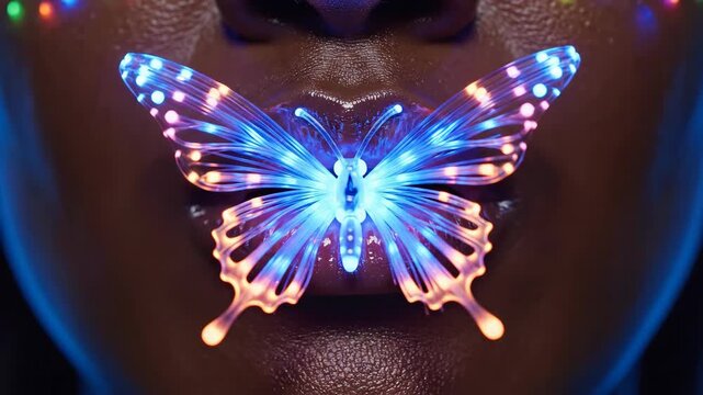 Womans closeup lips with glowing neon butterfly. Artistic beauty macro sequence showing luminous insect effect transforming colors from blue to orange. Digital cosmetic enhancement concept for makeup